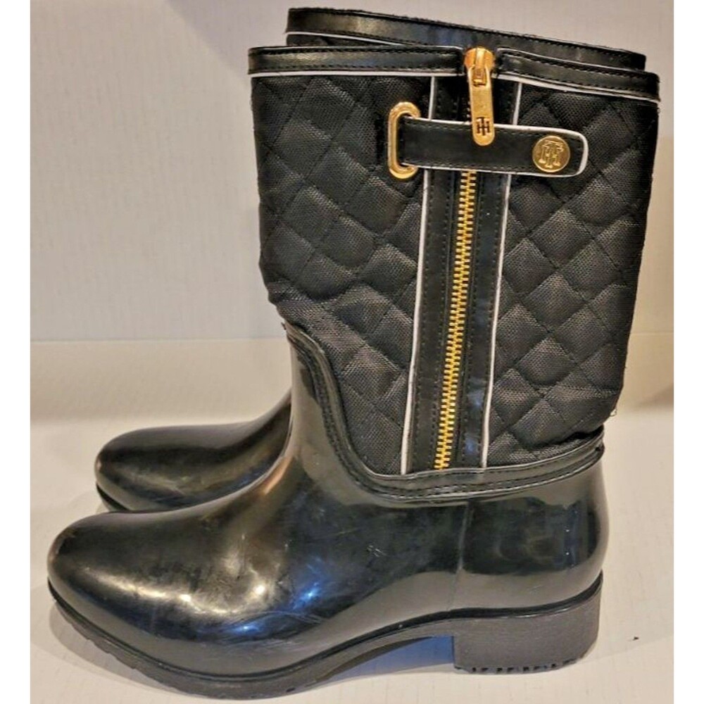 Tommy Hilfiger Rain Boots Rainboot Womens 7 Black Quilted Preppy Heritage Lined